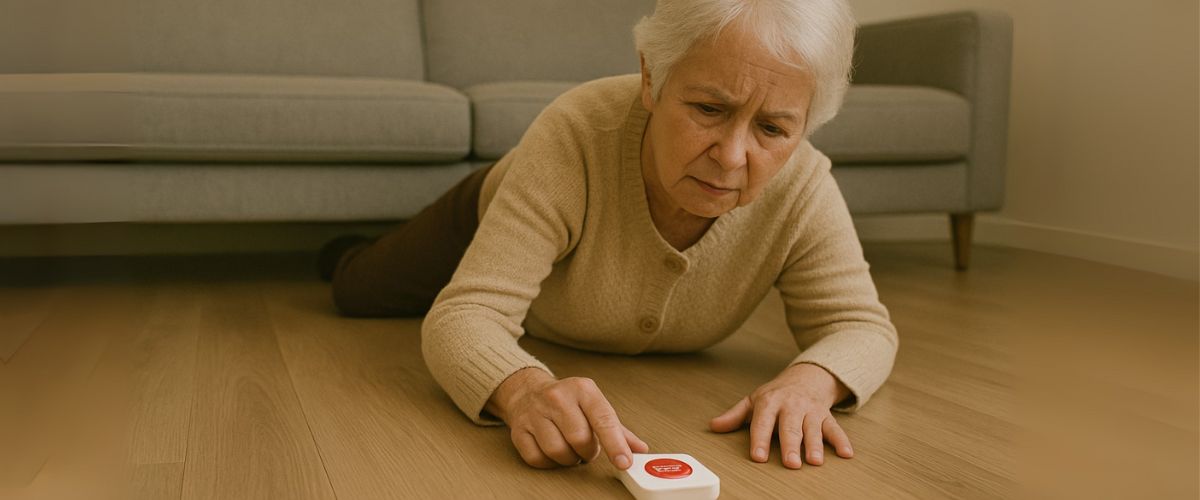 Fallen woman pressing medical alert button