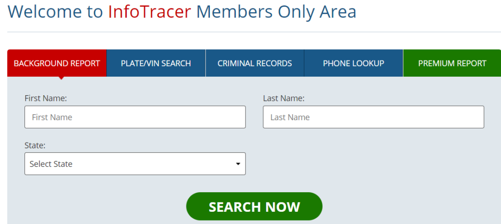 Infotracer main page and search bars