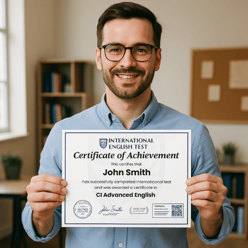 Man holding english certificate