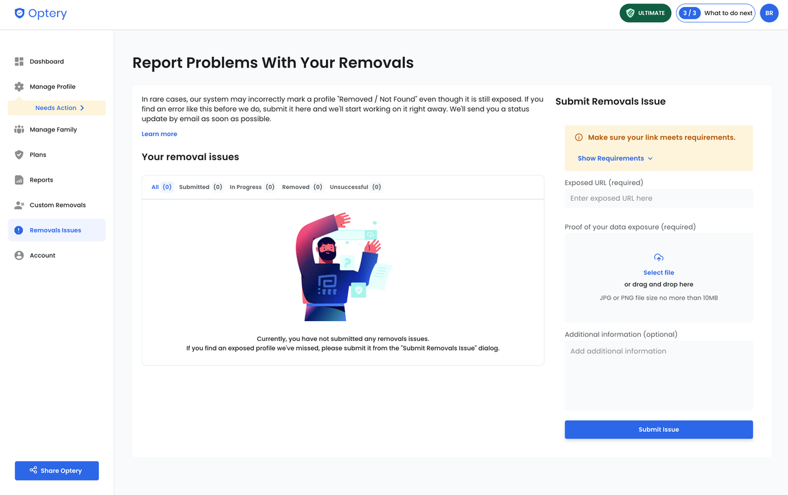 Optery report removal issues