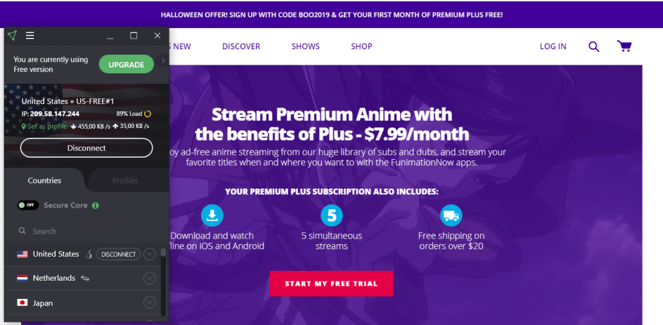 Using VPN funimation